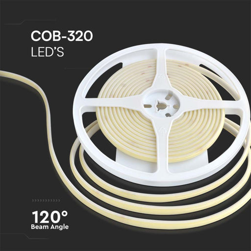 Strip LED V-Tac COB-320 ambra da 24V con angolo di emissione 120°, 10W/m, perfetta per ambienti domestici e commerciali.