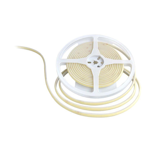 V-Tac Strip LED COB 24V 10W/m Ambra IP67 5m flessibile impermeabile arrotolata su bobina bianca, ideale per illuminazione decorativa interna.