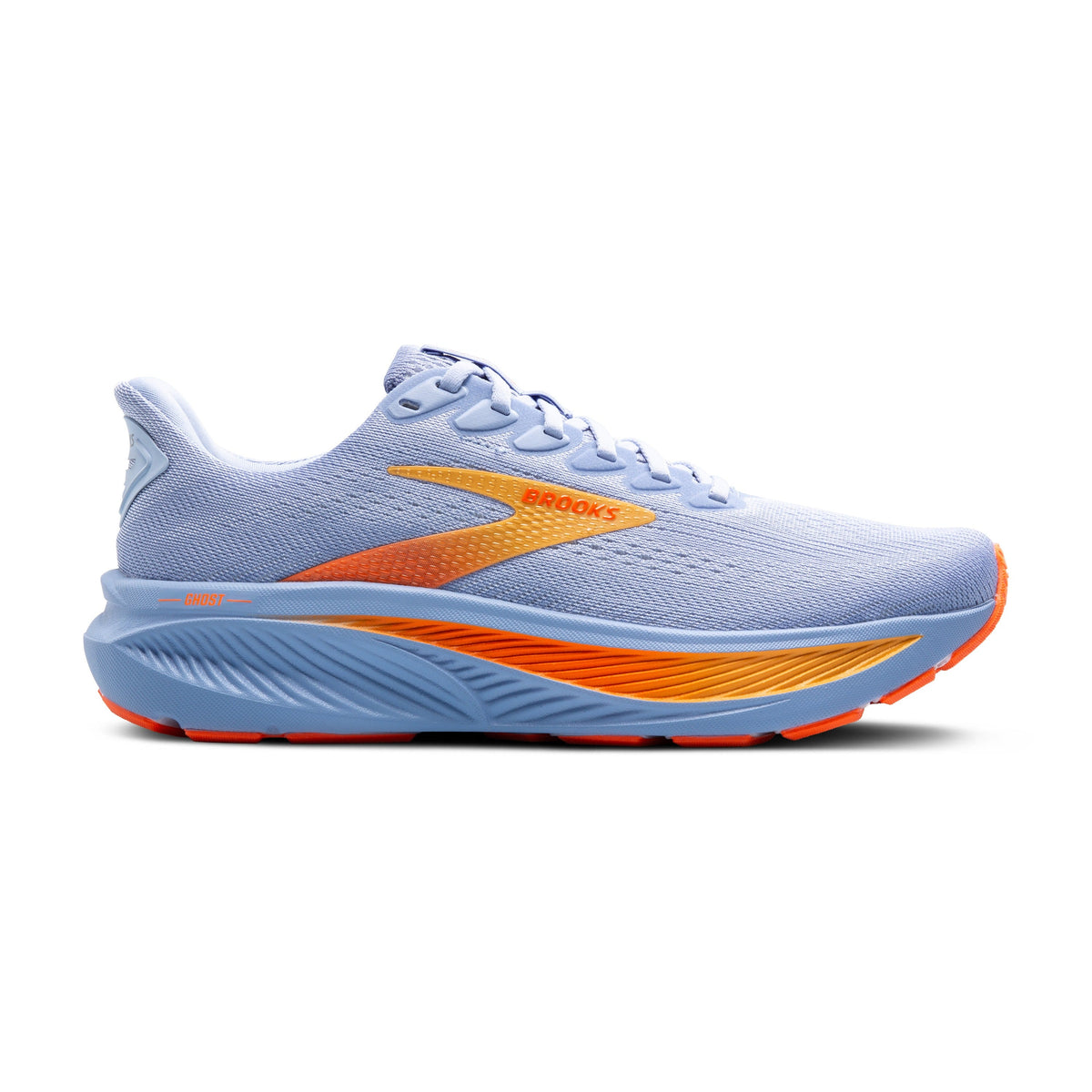 Sneaker da donna Brooks Ghost 17 in tessuto traspirante bianco con dettagli arancioni, suola ammortizzata per corsa confortevole, SKU: sku-58228624621917