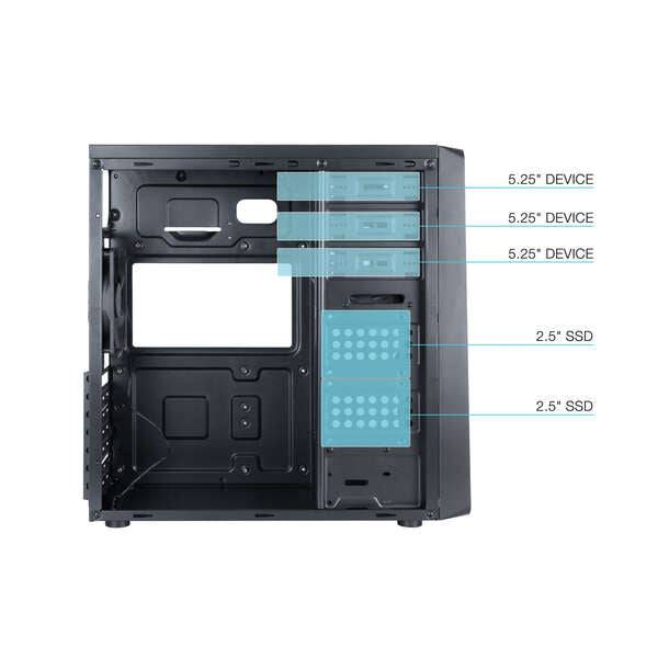 Tooq Chassis Semitower ATX/MicroATX/Mini-ITX - Supporto Dischi 3.5", 2.5" - USB3.0, 2.0, Audio HD - Ventola 120mm Inclusa - Colore Nero