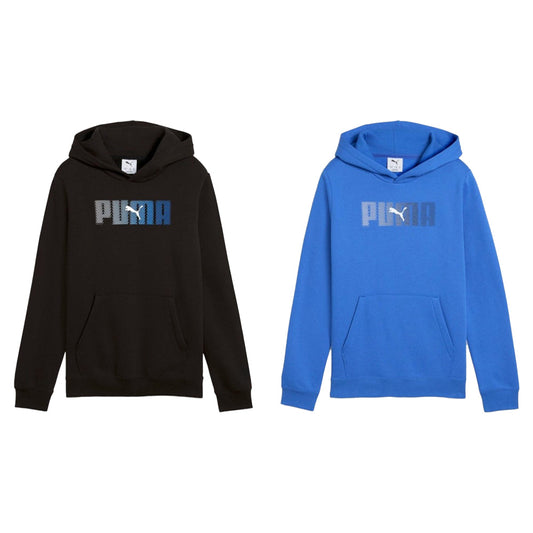 Felpa con cappuccio Puma in cotone nero, logo blu e bianco, tasca frontale a marsupio, stile sportivo e casual, ideale per ragazzi