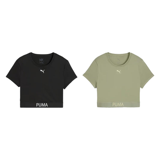 T-shirt corta donna Puma in tessuto interlock nero con logo Puma bianco e dettaglio PUMA sulla fascia inferiore, vestibilità regolare.