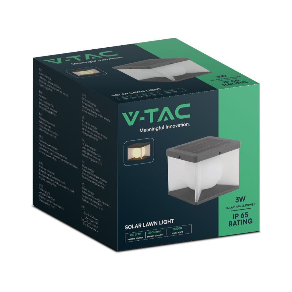 Confezione della Lampada LED Solare da Giardino a Cubo 3W V-TAC con specifiche tecniche, ideale per illuminazione esterna IP65.