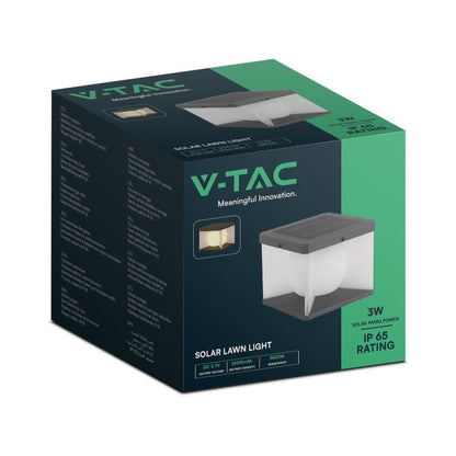Confezione della Lampada LED Solare da Giardino a Cubo 3W V-TAC con specifiche tecniche, ideale per illuminazione esterna IP65.