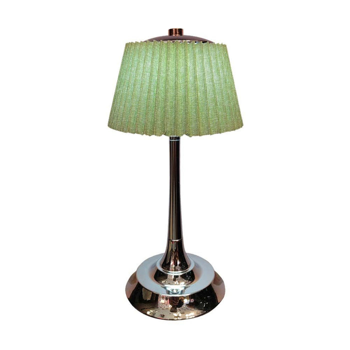 Lampada da tavolo LED 1.5W 3000K con base cromata lucida e paralume verde chiaro, modello VT-7968 per illuminazione decorativa.