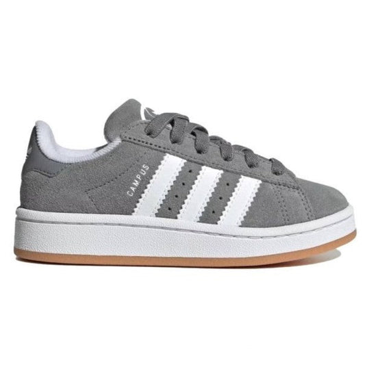 Scarpe sportive per bambini Adidas Campus 00s PS in suede grigio con dettagli bianchi e suola in gomma, stile retrò e comfort quotidiano.