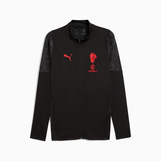 Giacca da allenamento nera con dettagli in tessuto tecnico a maniche lunghe, logo Puma e simbolo di calcio, ideale per sport e allenamenti.