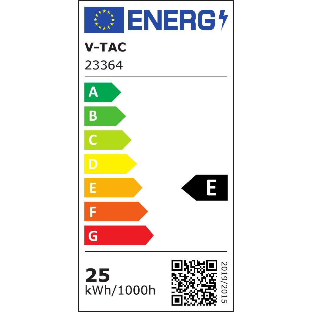 Etichetta energetica del lampadario LED VTAC 25W classe E, consumo 25 kWh/1000h, conforme agli standard UE per l'efficienza energetica.