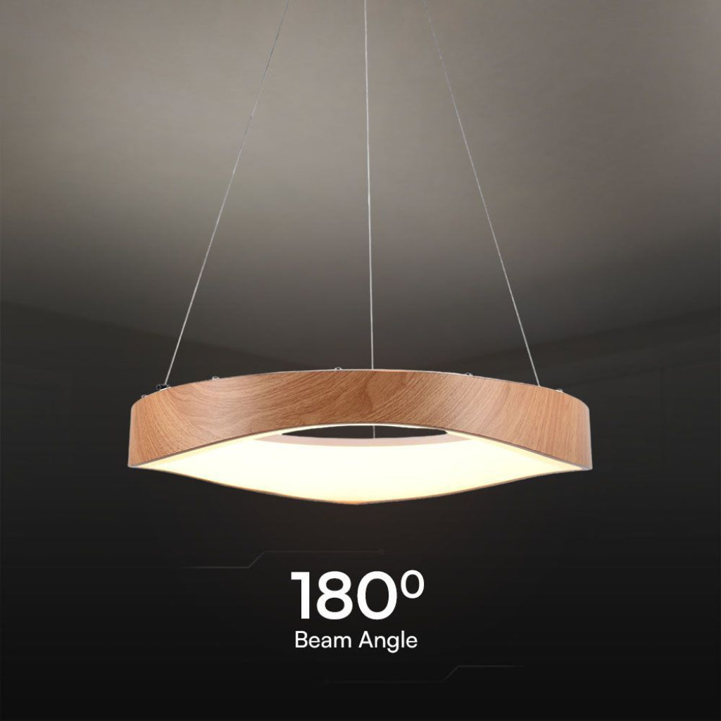 Lampadario LED circolare 25W con angolo di illuminazione 180°, finitura effetto legno, perfetto per illuminazione uniforme in ambienti interni.