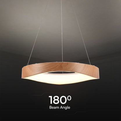 Lampadario LED circolare 25W con angolo di illuminazione 180°, finitura effetto legno, perfetto per illuminazione uniforme in ambienti interni.