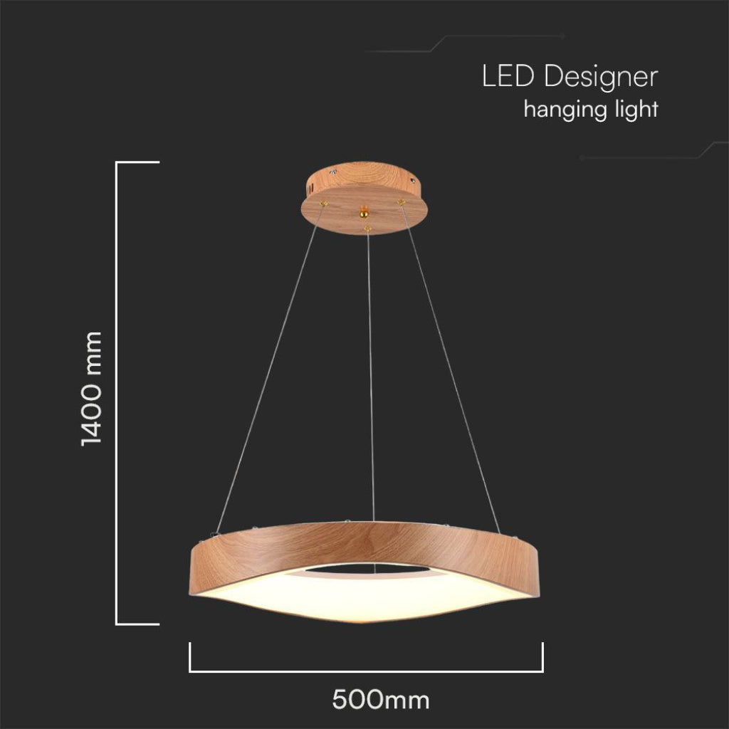Lampadario LED sospeso Ø500mm con altezza regolabile fino a 1400mm, design circolare in legno per spazi moderni e minimalisti.