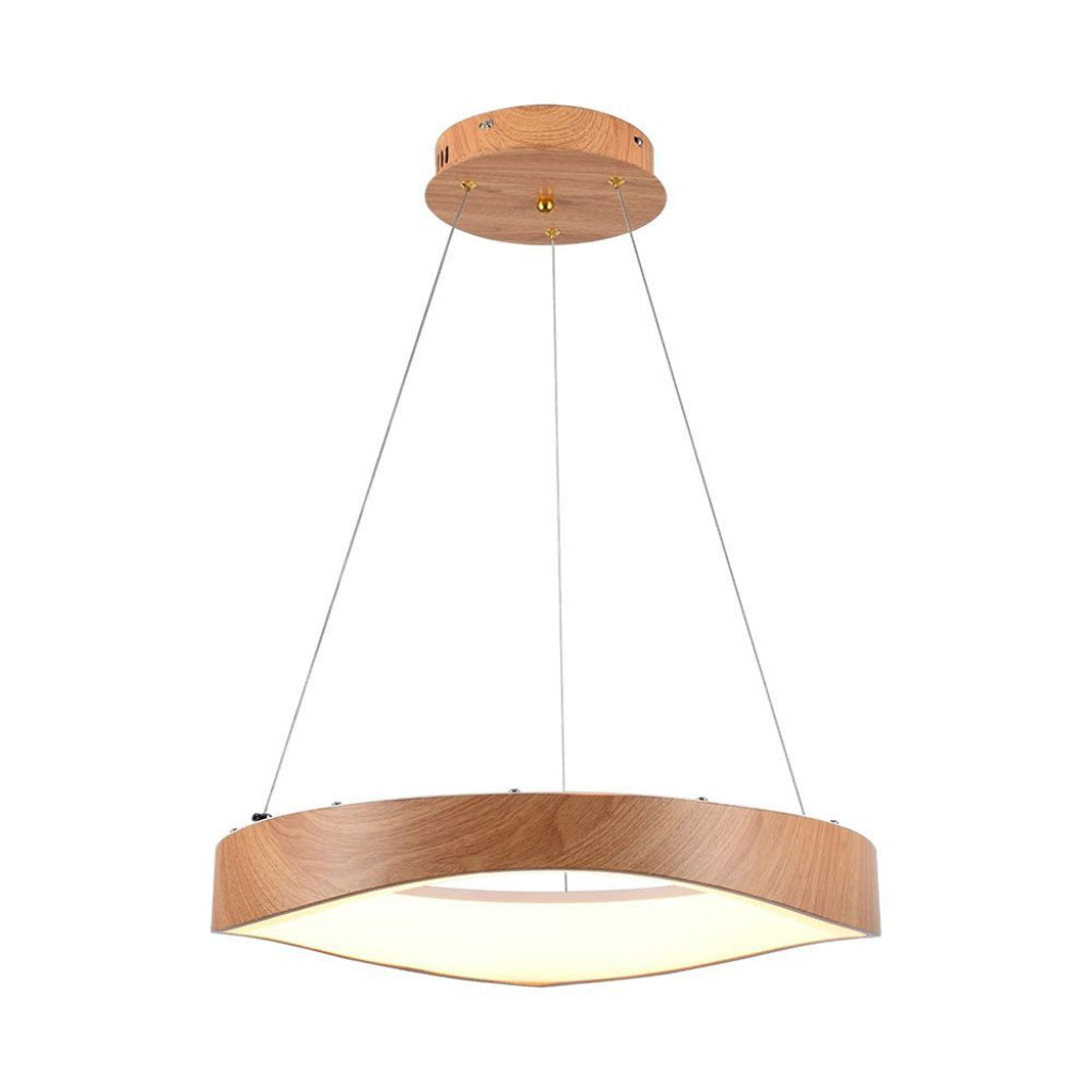 Lampadario LED sospeso 25W circolare colore legno 3000K Ø500mm con design moderno per illuminazione da soffitto in ambienti domestici.