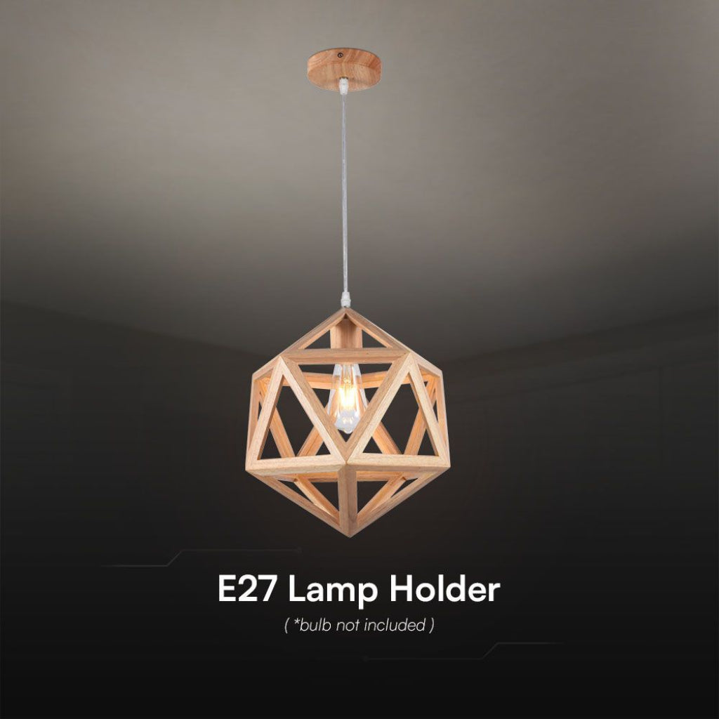 Lampadario sospeso E27 design geometrico legno Ø300mm max 40W installato a soffitto, con portalampada E27 e luce calda ambientale.