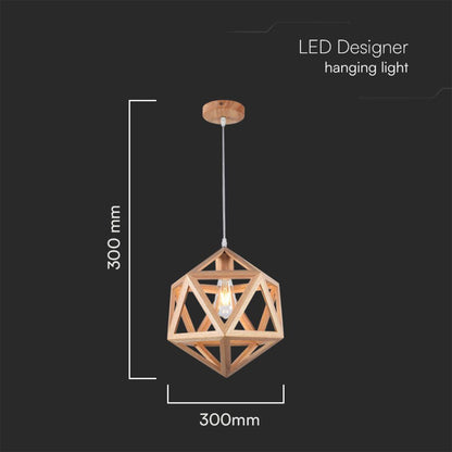 Lampadario sospeso E27 design geometrico legno Ø300mm max 40W con misure dettagliate, ideale per soggiorni e cucine moderne.