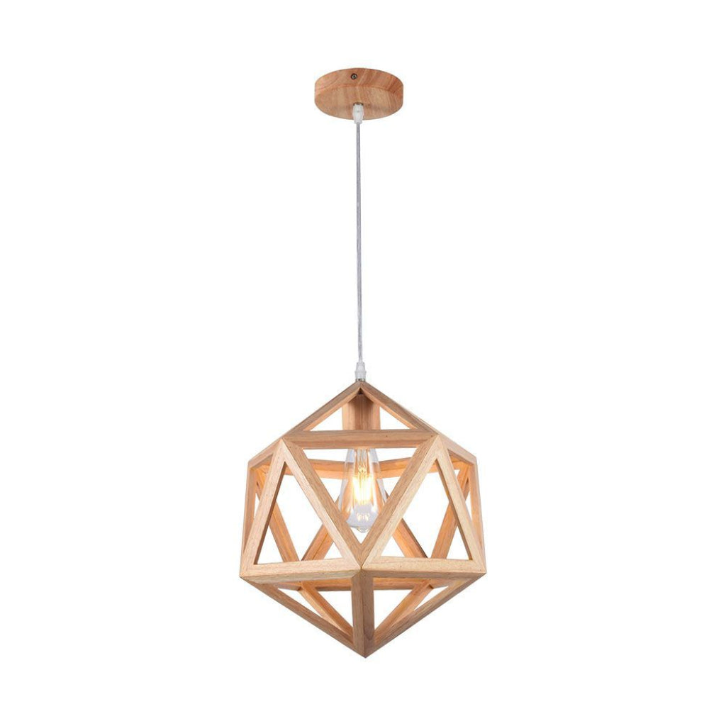 Lampadario sospeso E27 design geometrico legno Ø300mm max 40W con struttura in legno naturale e cavo bianco, ideale per interni moderni.
