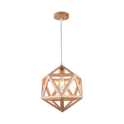 Lampadario sospeso E27 design geometrico legno Ø300mm max 40W con struttura in legno naturale e cavo bianco, ideale per interni moderni.