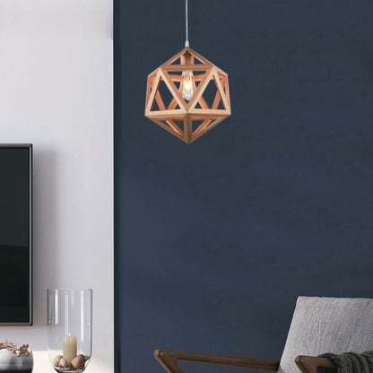 Lampadario sospeso E27 design geometrico legno Ø300mm max 40W montato in un salotto elegante, perfetto per illuminazione decorativa.