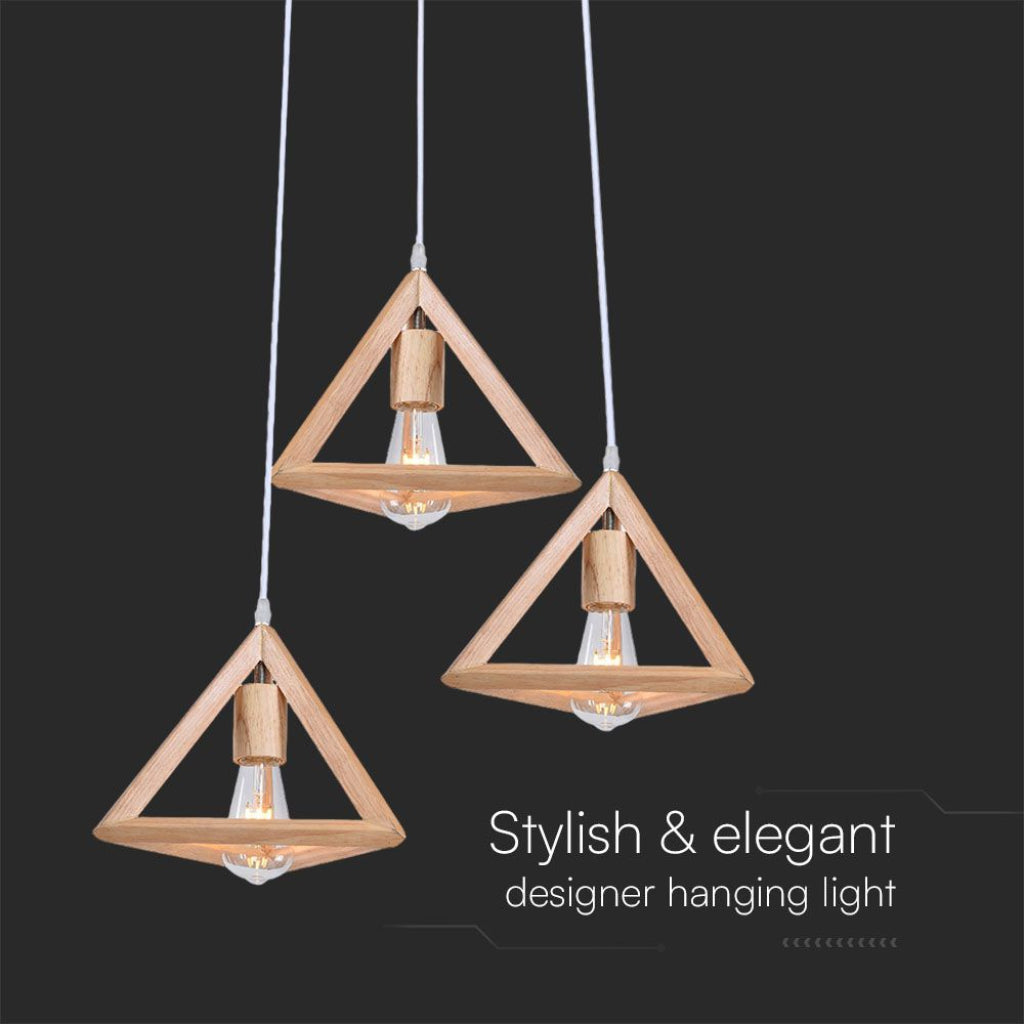 Lampadario a sospensione in legno triangolare E27x3 dal design elegante e moderno, ideale per interni contemporanei e raffinati.