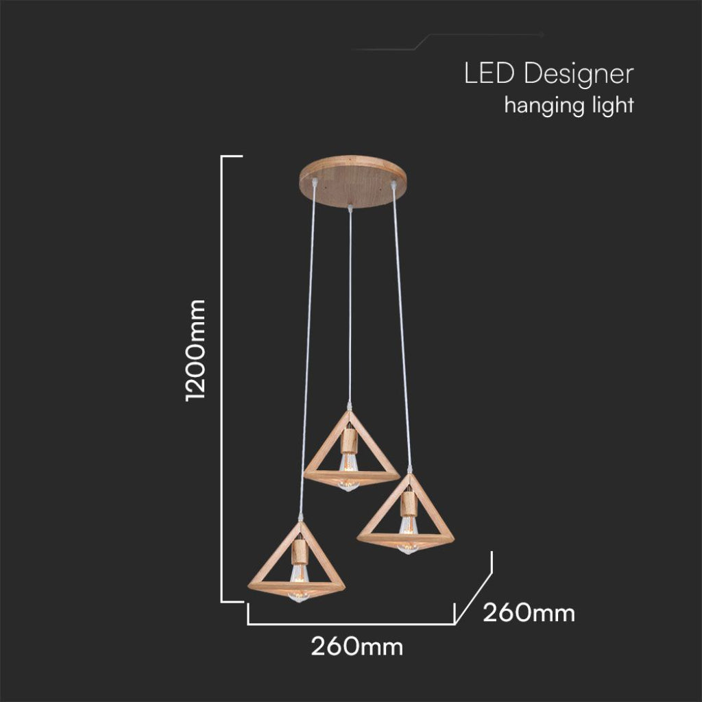 Lampadario a sospensione in legno triangolare E27x3 con altezza regolabile fino a 1200mm, perfetto per arredi moderni e minimalisti.