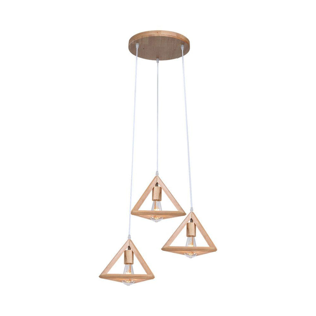 Lampadario a sospensione in legno triangolare E27x3 max 40W con struttura geometrica moderna, ideale per soggiorni e sale da pranzo.