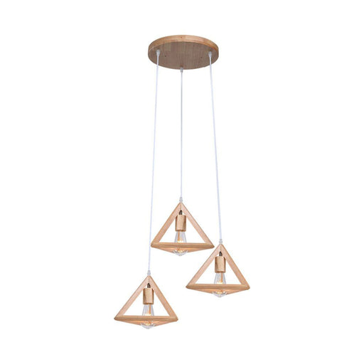 Lampadario a sospensione in legno triangolare E27x3 max 40W con struttura geometrica moderna, ideale per soggiorni e sale da pranzo.