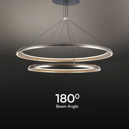 Lampadario LED moderno 65W grigio champagne con angolo di fascio a 180°, ideale per illuminazione uniforme in ambienti interni eleganti.