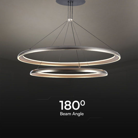 Lampadario LED moderno 65W grigio champagne con angolo di fascio a 180°, ideale per illuminazione uniforme in ambienti interni eleganti.