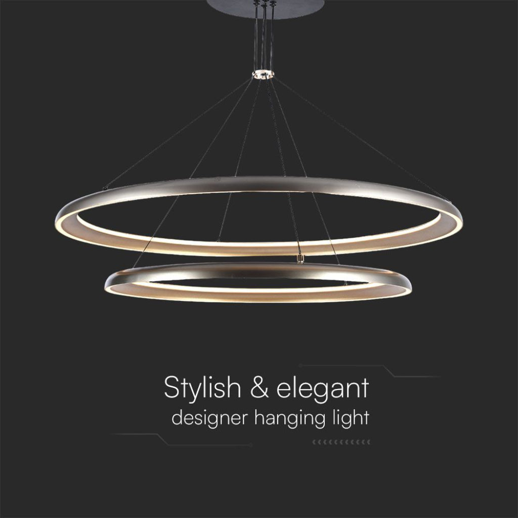 Lampadario LED moderno 65W grigio champagne 3000K con design elegante e sospensione a doppio anello, perfetto per arredamenti di design.
