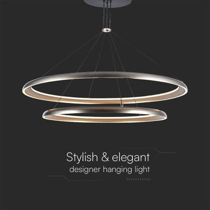 Lampadario LED moderno 65W grigio champagne 3000K con design elegante e sospensione a doppio anello, perfetto per arredamenti di design.