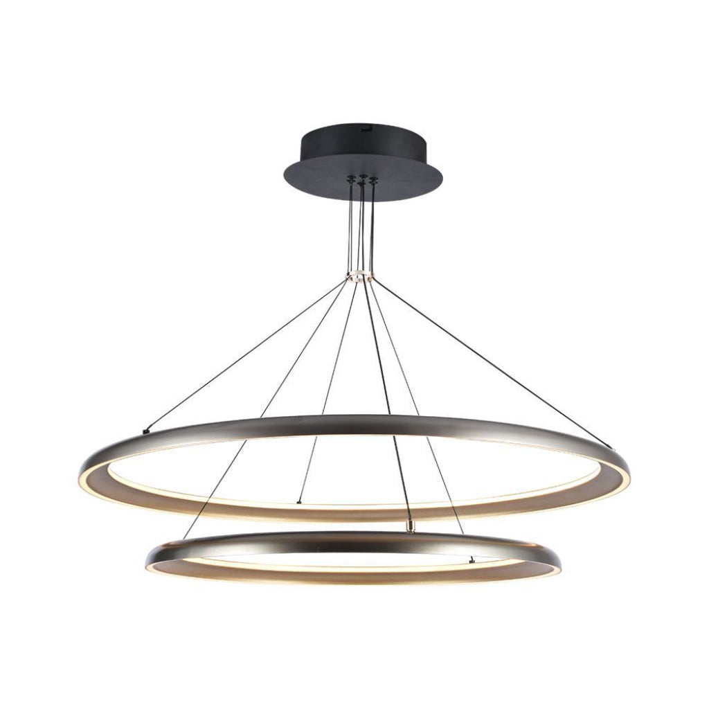 Lampadario LED moderno 65W grigio champagne 3000K con doppio anello sospeso, design elegante per soggiorni e sale da pranzo.