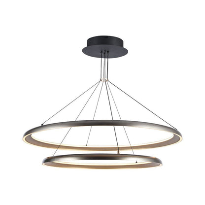 Lampadario LED moderno 65W grigio champagne 3000K con doppio anello sospeso, design elegante per soggiorni e sale da pranzo.