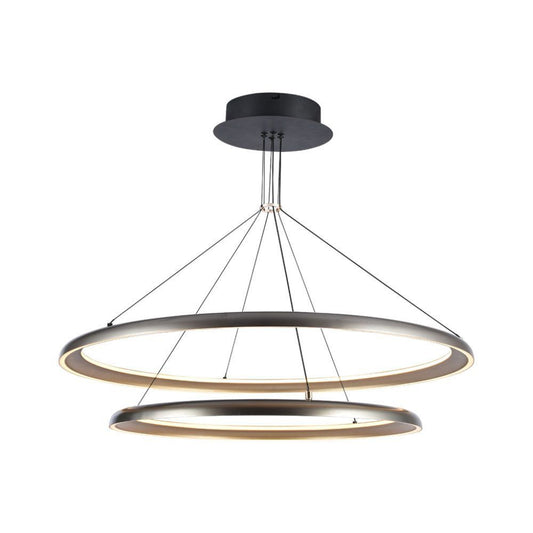 Lampadario LED moderno 65W grigio champagne 3000K con doppio anello sospeso, design elegante per soggiorni e sale da pranzo.