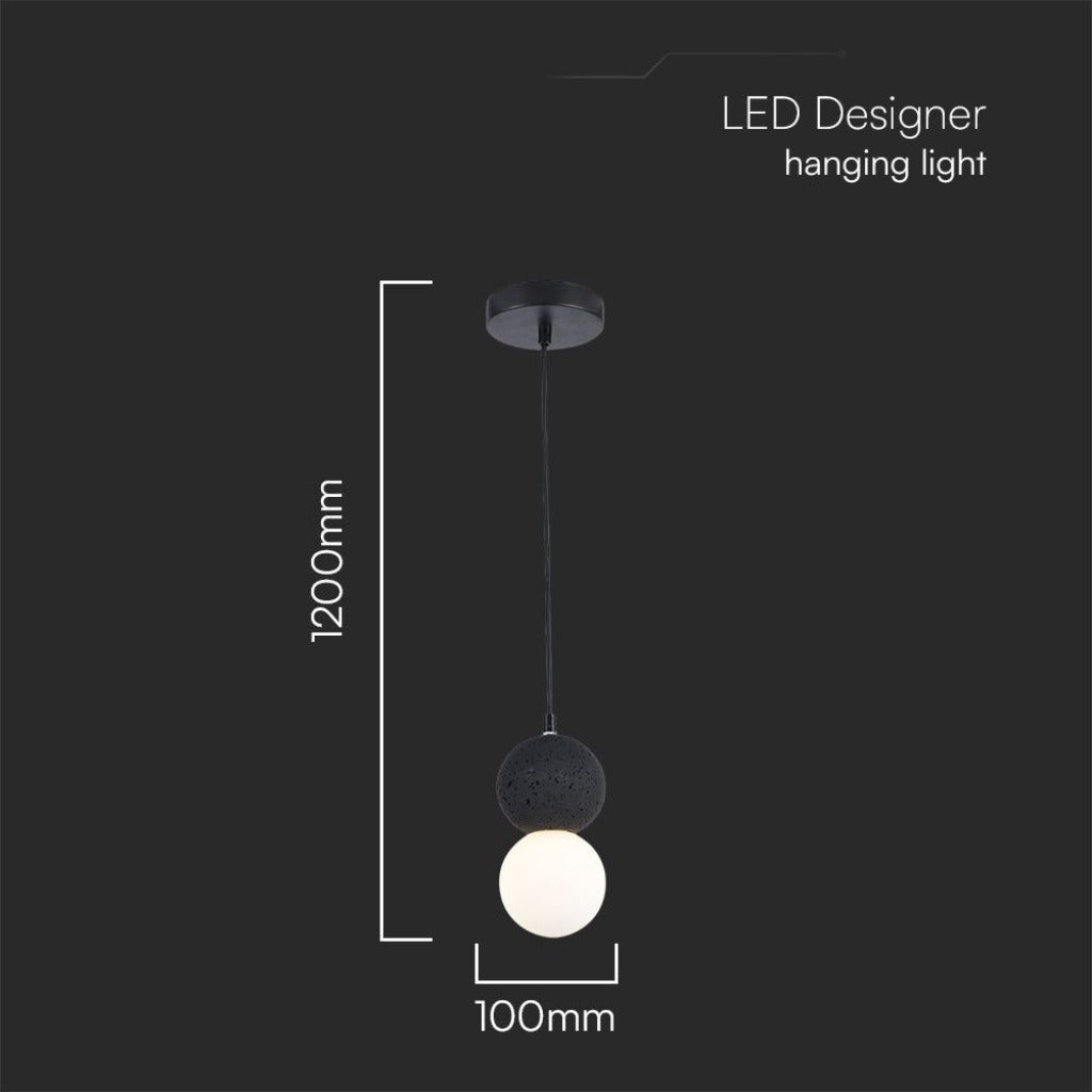 Illustrazione del lampadario a sfere LED nero e bianco con dimensioni 1200mm di altezza e 100mm di diametro, ideale per ambienti eleganti.