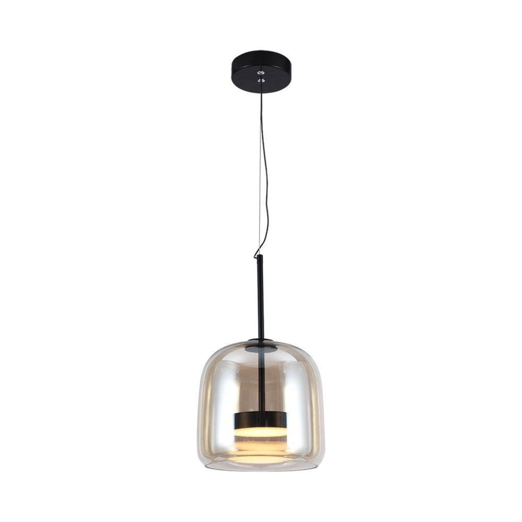 Lampada a sospensione LED 6W in metallo nero e vetro ambra, design elegante con diffusore trasparente, ideale per illuminazione moderna