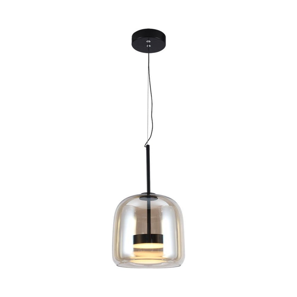 Lampada a sospensione LED 6W in metallo nero e vetro ambra, con luce calda e diffusore trasparente, perfetta per ambienti eleganti