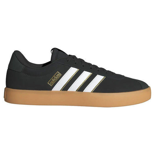 Scarpe sportive Adidas VL Court 3.0 in pelle nera con dettagli bianchi e oro, suola in gomma color cammello, ideali per skate e casual