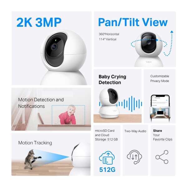 TP-Link Tapo TC71 Telecamera di Sorveglianza 2K Wi-Fi - Rotazione 360° - Visione Notturna - Rilevamento Movimento e Notifiche - Allarme Luce e Suono - Audio Bidirezionale