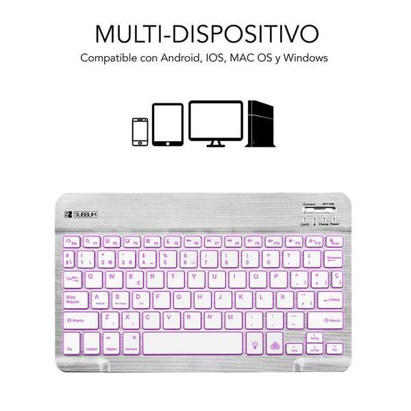 Subblim Tastiera Smart Backlit Bt - Connettività Bluetooth 3.0 - Illuminazione Regolabile 7 Colori - Design Sottile 6mm - Tecnologia Membrana ad Alta Precisione - Batteria Lunga Durata - Colore Grigio