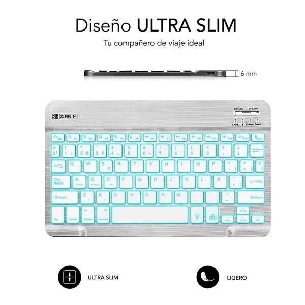 Subblim Tastiera Smart Backlit Bt - Connettività Bluetooth 3.0 - Illuminazione Regolabile 7 Colori - Design Sottile 6mm - Tecnologia Membrana ad Alta Precisione - Batteria Lunga Durata - Colore Grigio