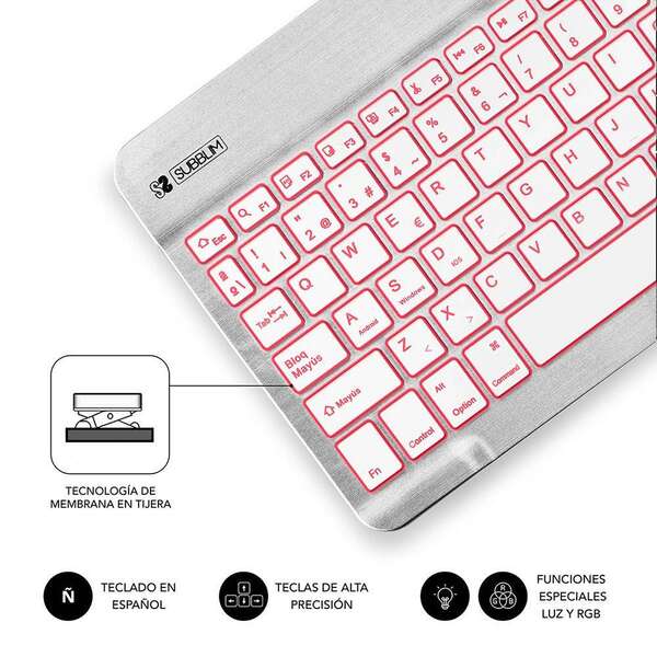 Subblim Tastiera Smart Backlit Bt - Connettività Bluetooth 3.0 - Illuminazione Regolabile 7 Colori - Design Sottile 6mm - Tecnologia Membrana ad Alta Precisione - Batteria Lunga Durata - Colore Grigio