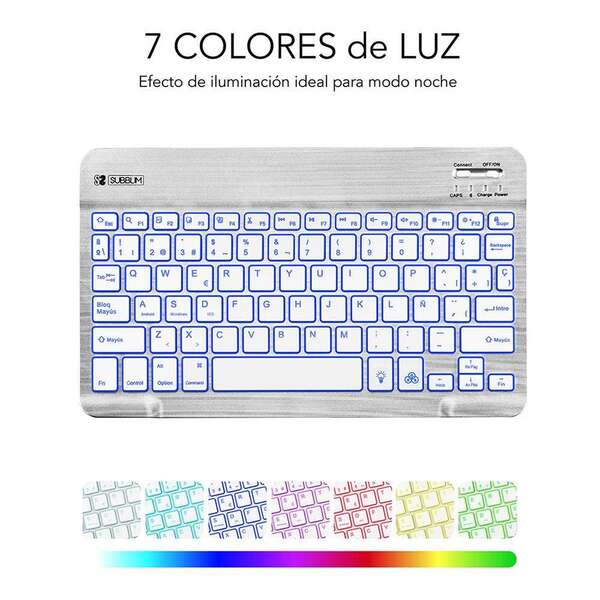 Subblim Tastiera Smart Backlit Bt - Connettività Bluetooth 3.0 - Illuminazione Regolabile 7 Colori - Design Sottile 6mm - Tecnologia Membrana ad Alta Precisione - Batteria Lunga Durata - Colore Grigio