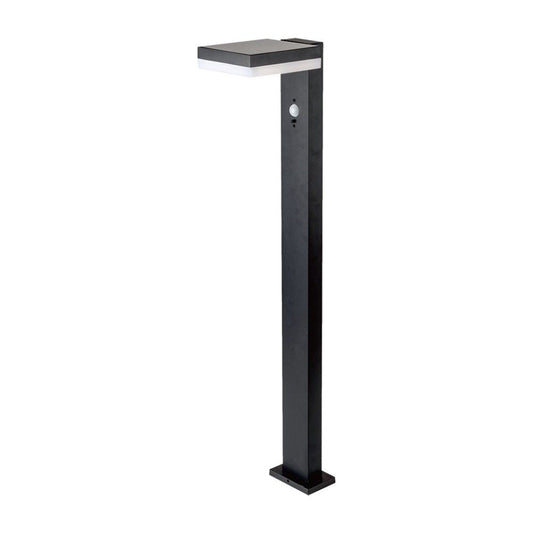 Piantana LED Solare Quadrata 5.5W con Sensore PIR 3000K IP54 in alluminio nero, ideale per illuminazione da giardino moderna e resistente alle intemperie.