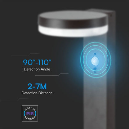 Sensore PIR della Piantana Solare LED 5.5W con angolo di rilevamento 90-110° e distanza 2-7m, ottimale per sicurezza e risparmio energetico.