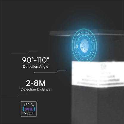 Lampada LED Solare da Giardino 3W con Sensore PIR 3000K IP54 con angolo di rilevamento 90-110° e distanza 2-8m, perfetta per sicurezza esterna.