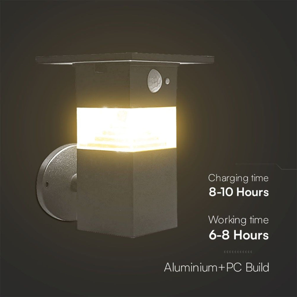 Lampada LED Solare da Giardino 3W con Sensore PIR 3000K IP54 con corpo in alluminio e PC, autonomia di 6-8 ore e ricarica solare in 8-10 ore.