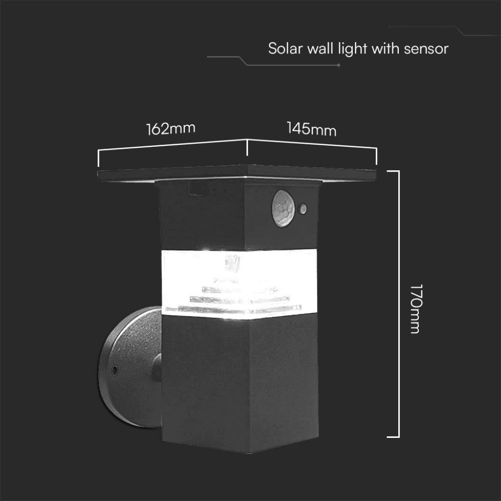 Lampada LED Solare da Giardino 3W con Sensore PIR 3000K IP54 con misure dettagliate, ideale per percorsi e vialetti in ambienti esterni.