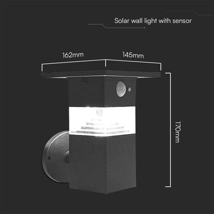 Lampada LED Solare da Giardino 3W con Sensore PIR 3000K IP54 con misure dettagliate, ideale per percorsi e vialetti in ambienti esterni.