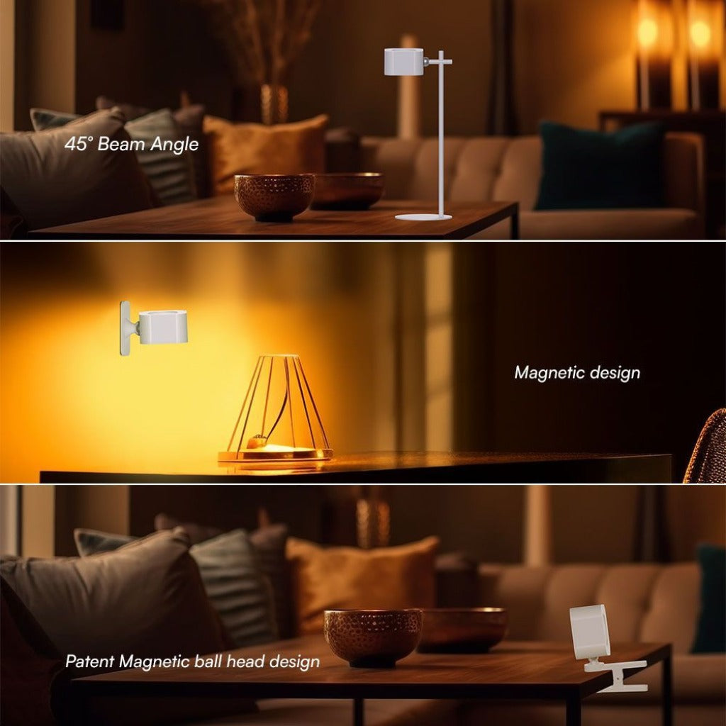 Lampada LED da tavolo magnetica bianca con design moderno, angolo di emissione 45°, ricaricabile USB-C, ideale per ambienti domestici e uffici