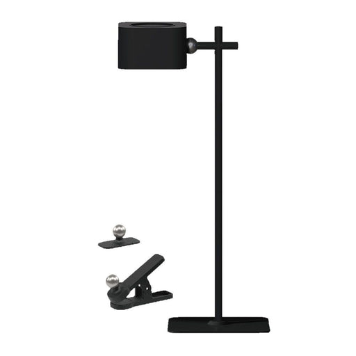 Lampada da tavolo LED magnetica 3W corpo nero con batteria 1800mAh e CCT 3IN1, dotata di base e clip per fissaggio versatile.