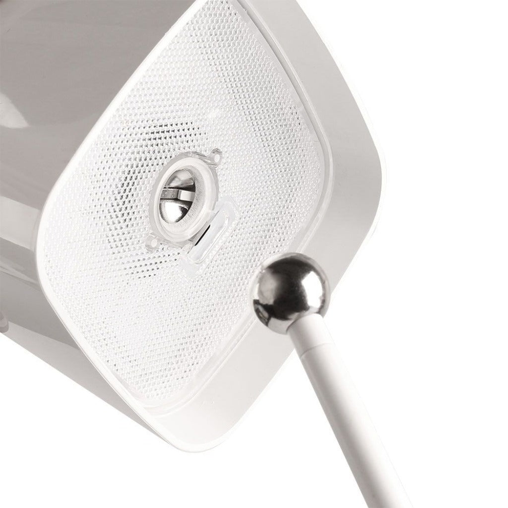 Retro della lampada LED da tavolo con base di ricarica USB-C, superficie bianca e dettagli di fissaggio, perfetta per ambienti moderni